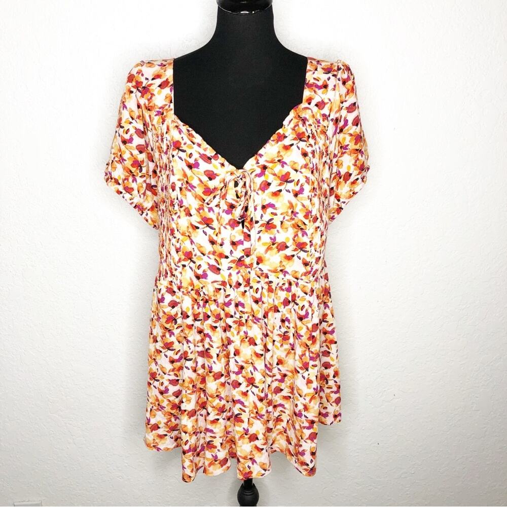 Torrid cream orange pink floral crinkle gauze babydoll top size 1 or 1X NWT
